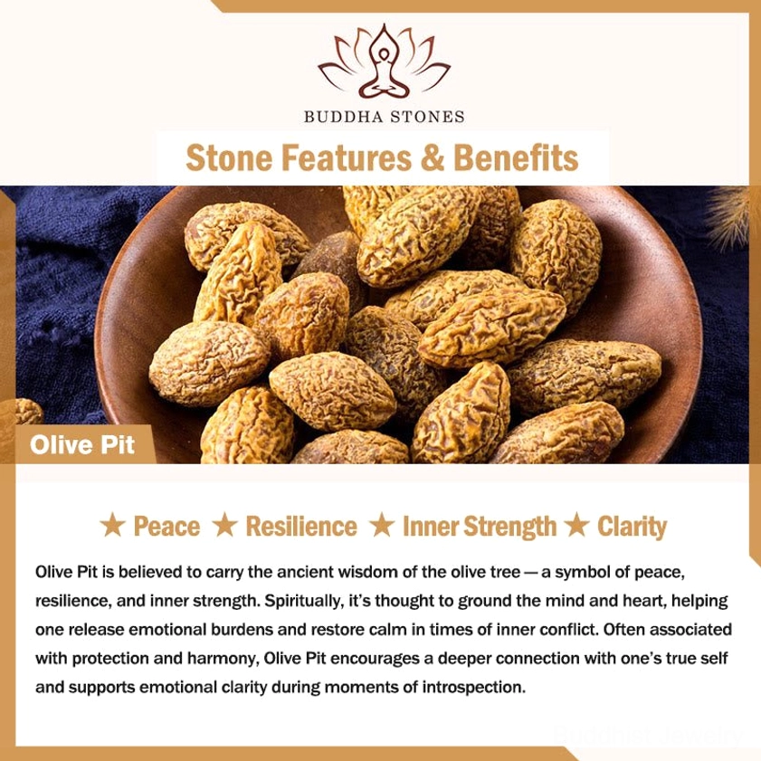 Olive pit spiritual benefits infographic highlighting peace resilience inner strength and clarity meanings