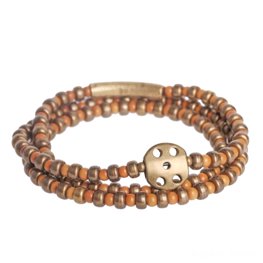 Handcrafted olive pit copper bracelet with antique bronze tube ornament and mixed brown bronze beads