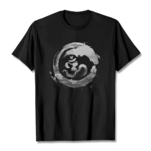 Om symbol Buddhist cotton t-shirt front view flat lay black graphic tee