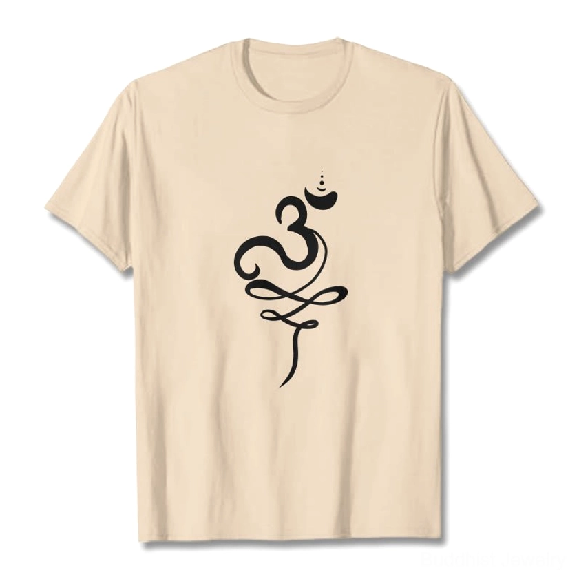 OM Sanskrit Buddhist T-Shirt beige tan flat lay front view with black Om print