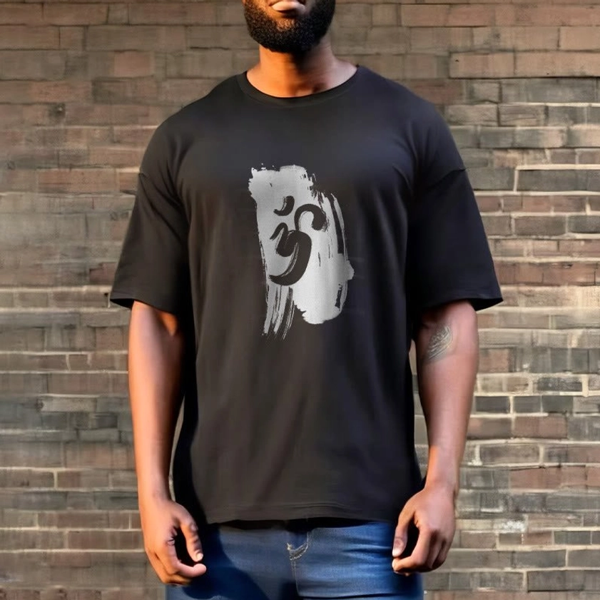 Black Om Buddhist t-shirt casual daily wear on male model against brick wall background