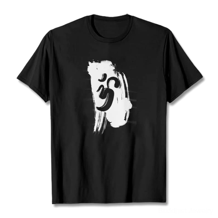 Black Om symbol Buddhist t-shirt flat lay front view on white background with brushstroke spiritual print