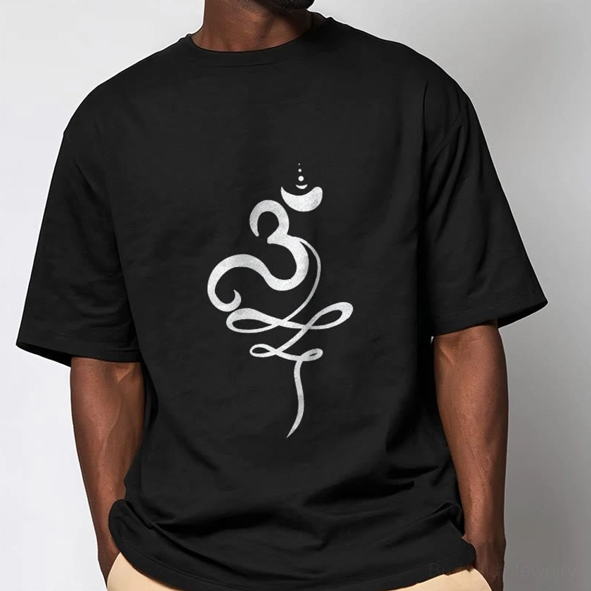 Men wearing black OM Sanskrit Buddhist T-Shirt casual half-body pose