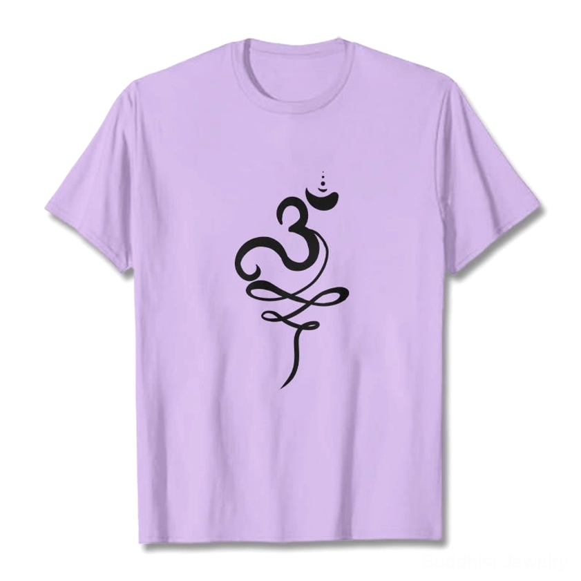 OM Sanskrit Buddhist T-Shirt black color close-up detail Om symbol