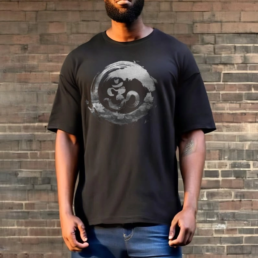 Spiritual Om symbol t-shirt casual loose fit worn brick wall backdrop