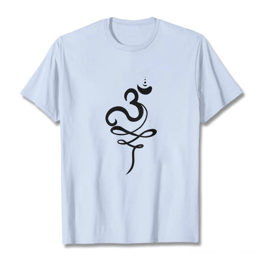 OM Sanskrit Buddhist T-Shirt light cyan flat lay front view