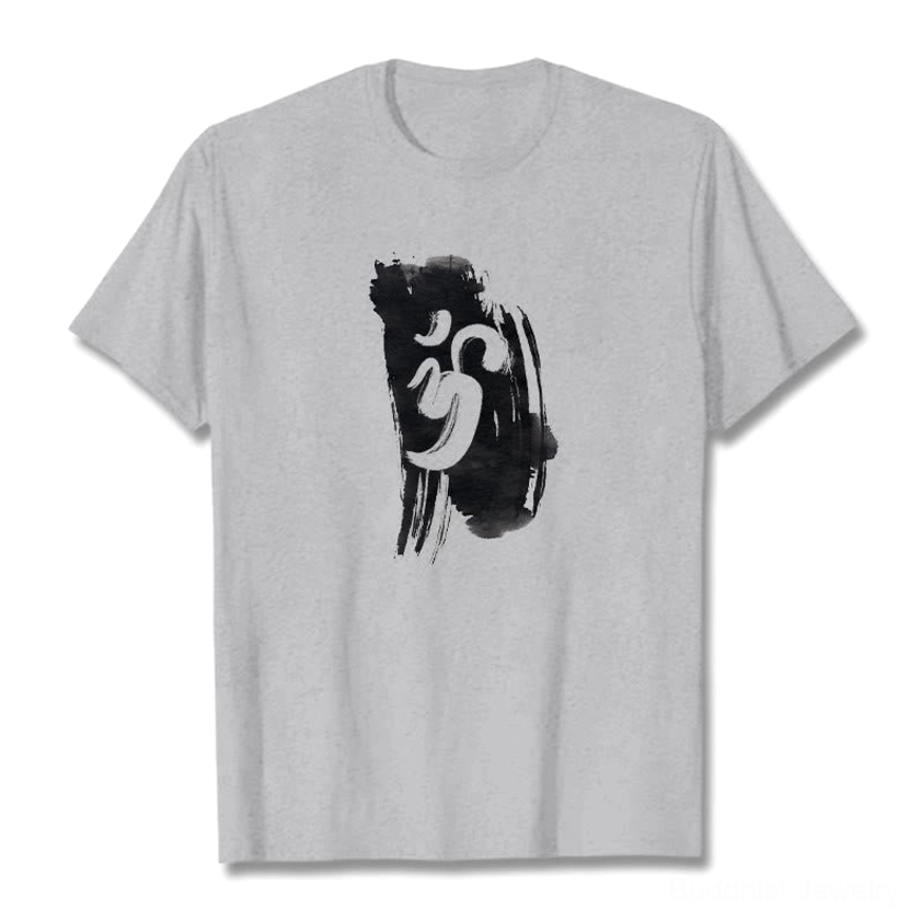Light grey Om symbol Buddhist cotton t-shirt flat lay with front Om graphic print