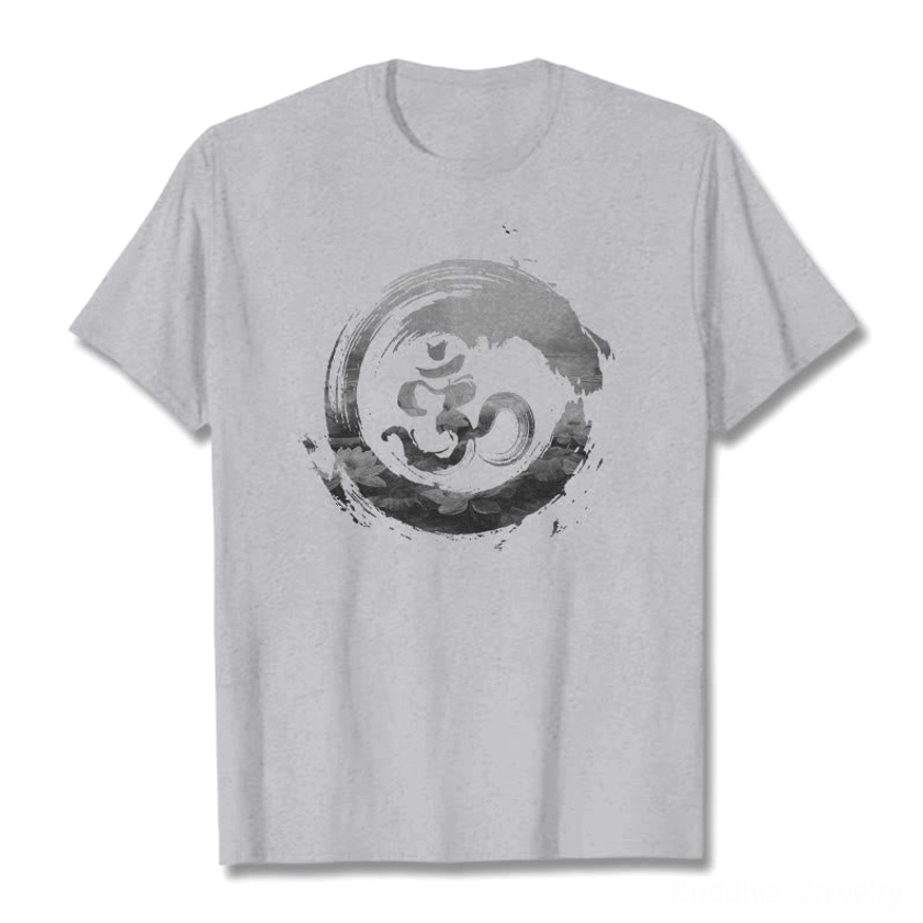 Om Buddhist cotton graphic tee light grey color front view crew neck wear