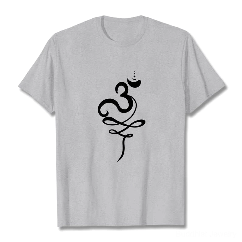 OM Sanskrit Buddhist T-Shirt light grey flat lay front view