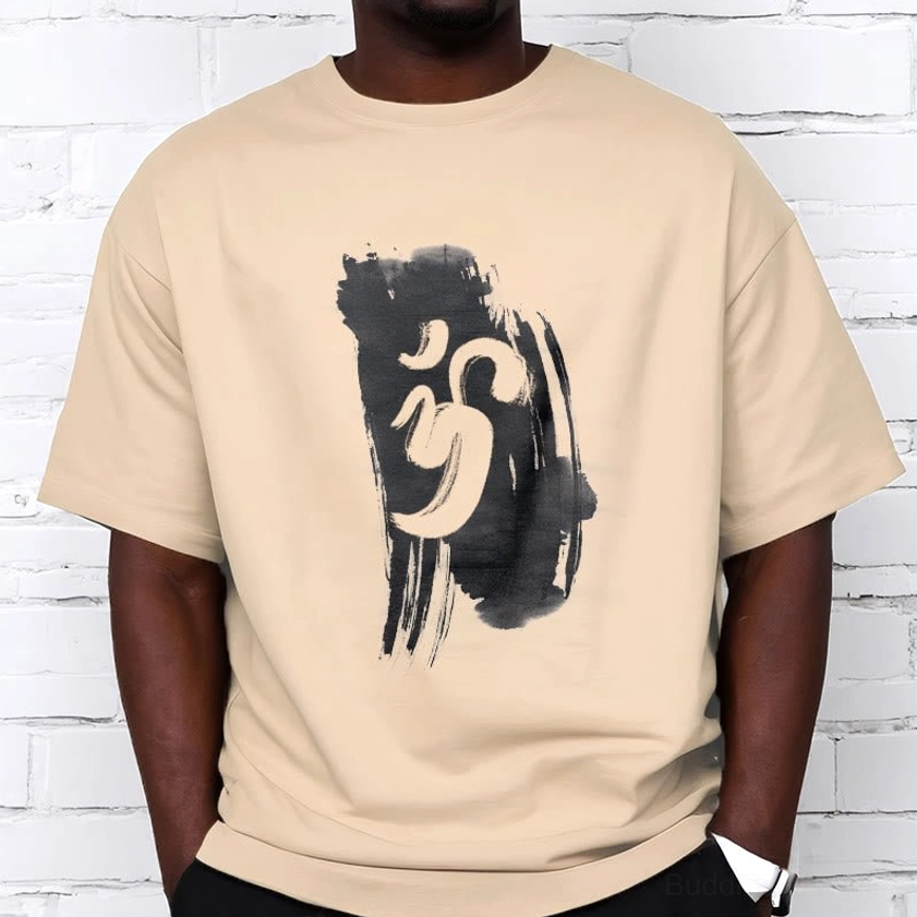 Male model full body view wearing Om symbol Buddhist t-shirt casual lifestyle photography