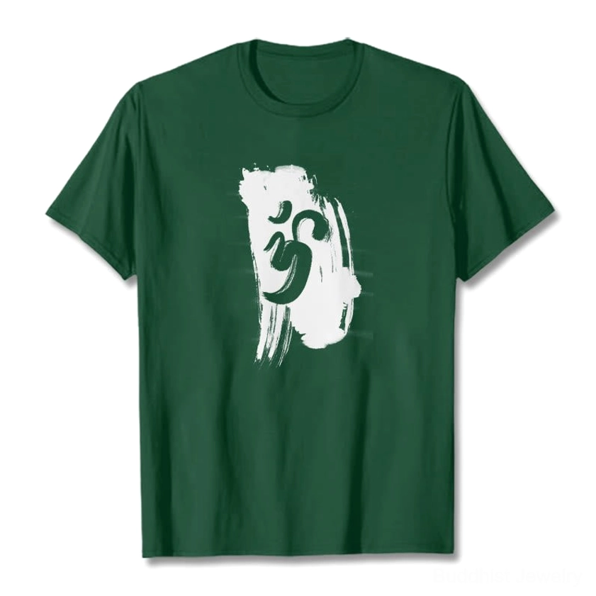 Pale green Om Buddhist t-shirt flat lay with white and black brushstroke print detail