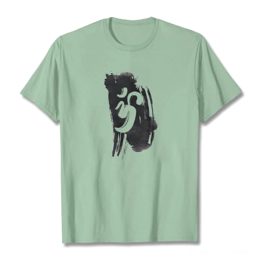 Pale green Om symbol Buddhist t-shirt front view on model with casual styling