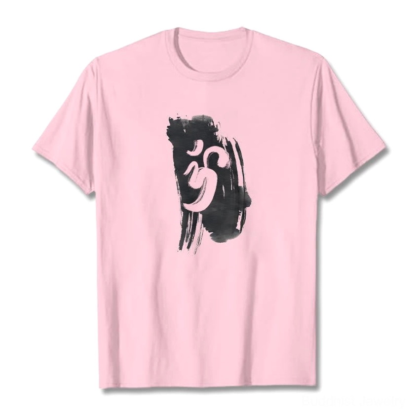 Om symbol Buddhist t-shirt side view displaying crew neckline and sleeve details