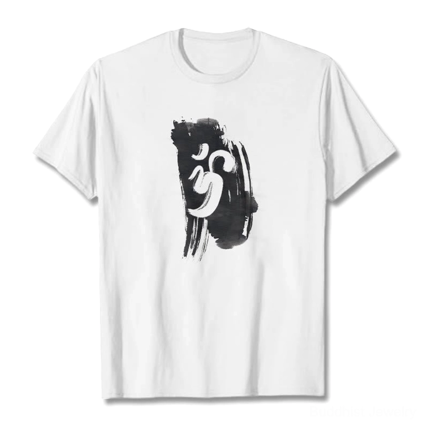 White Om symbol Buddhist t-shirt flat lay front view with black brushstroke print