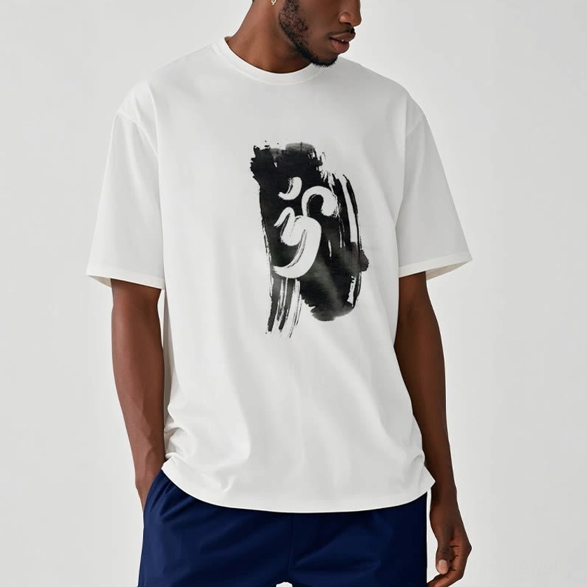 Male model wearing white Om symbol Buddhist cotton t-shirt with chest graphic print