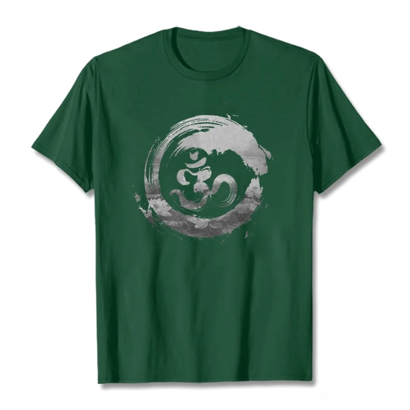 Sacred Om graphic tee dark green base crew neck chest print flat lay