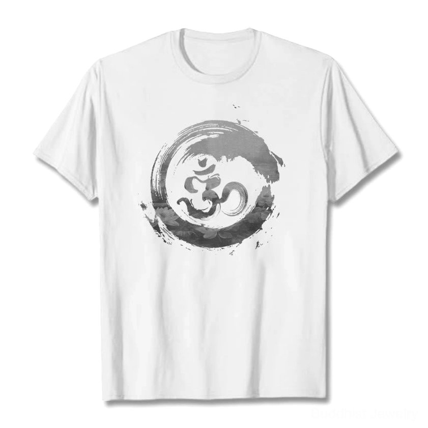 Om lotus cotton graphic tee white base chest print flat lay front studio view