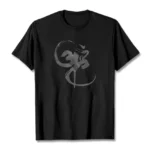 Black Om Buddhist graphic cotton t-shirt front flat lay view with watercolor sacred mantra print on white background
