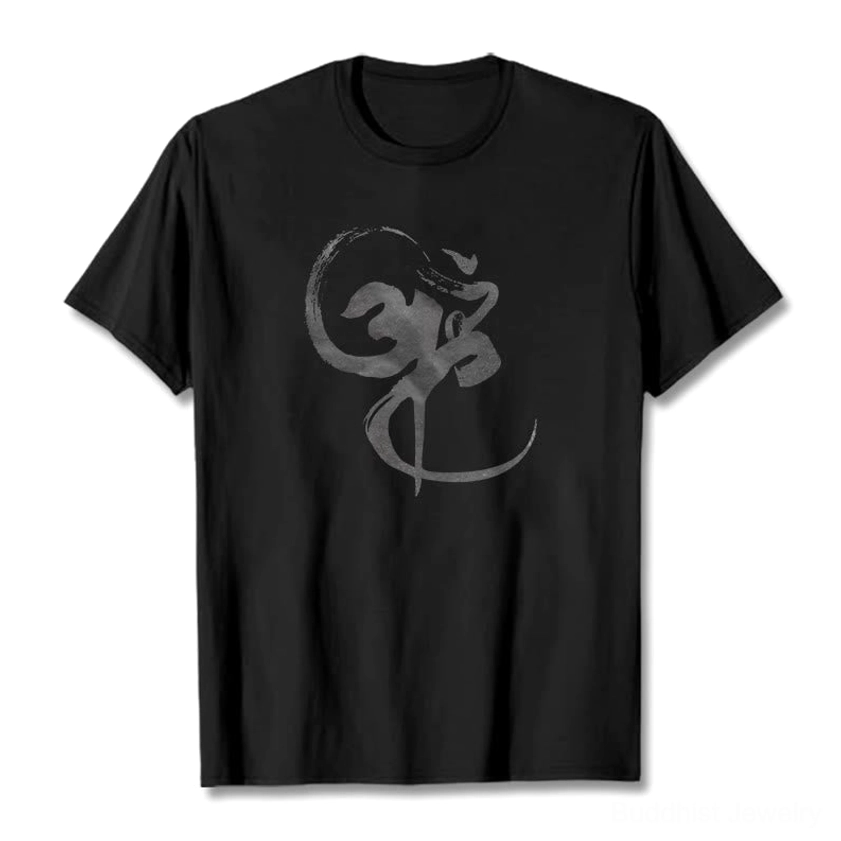 Black Om Buddhist graphic cotton t-shirt front flat lay view with watercolor sacred mantra print on white background