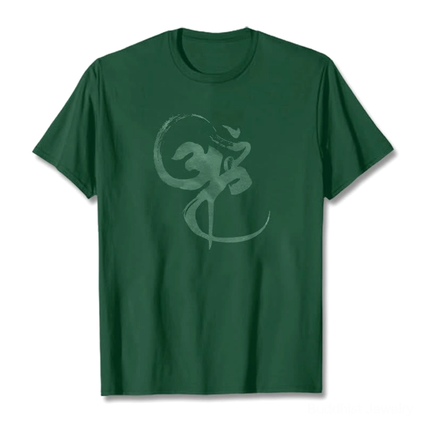 Dark green Om sacred mantra cotton graphic t-shirt front flat lay with matching watercolor print