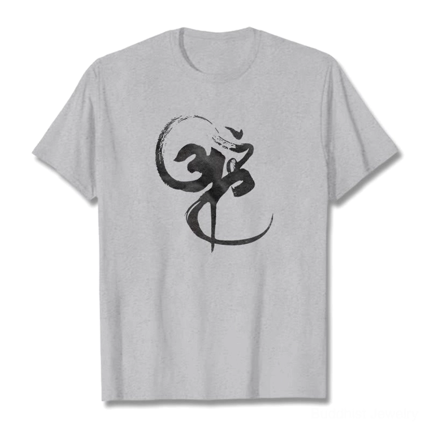 Light grey Om spiritual graphic cotton t-shirt front flat lay with watercolor print