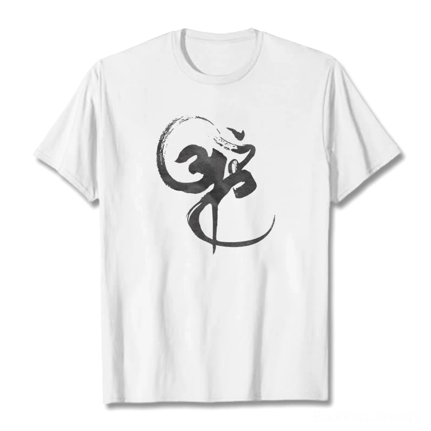 White Om Buddhist graphic cotton t-shirt front flat lay with black watercolor sacred symbol print