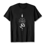 Black Om lotus graphic t-shirt flat lay front view with white sacred symbol print