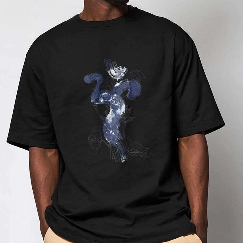 Man wearing black Om lotus flower Buddhist graphic t-shirt casual outfit styling