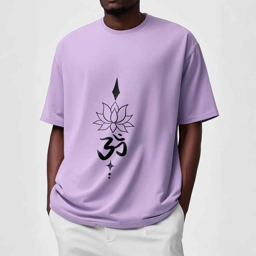 Black Om lotus graphic t-shirt side view fit quality fabric texture detail