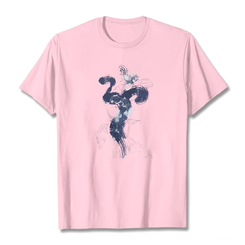 Om lotus flower Buddhist t-shirt premium cotton fabric close-up texture detail