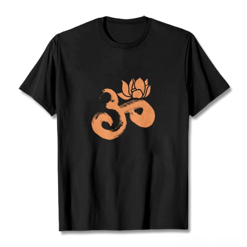 OM Lotus Flower Buddhist cotton t-shirt flat lay front view jet black with burnt orange spiritual graphic