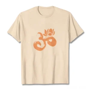 OM Lotus Flower Buddhist cotton t-shirt flat lay front view in light khaki with burnt orange spiritual print