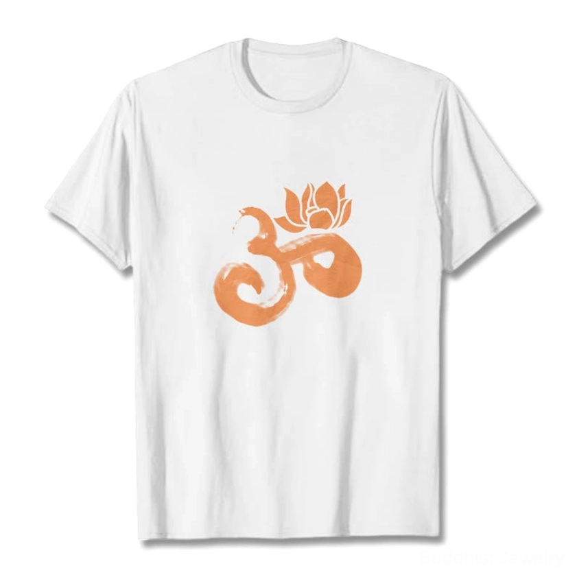 OM Lotus Flower Buddhist cotton t-shirt flat lay front view pure white with burnt orange print