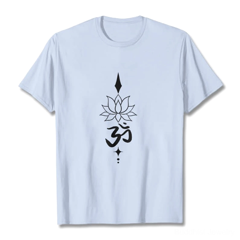 Dark green Om lotus graphic tee back view design placement neckline detail