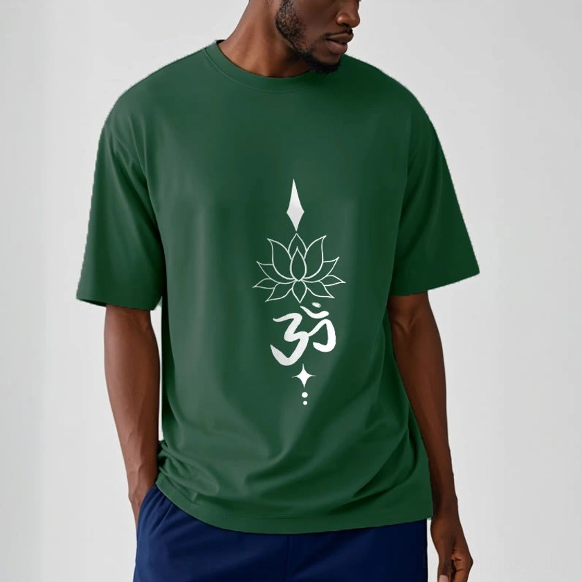 Man wearing dark green Om lotus spiritual t-shirt front view studio background