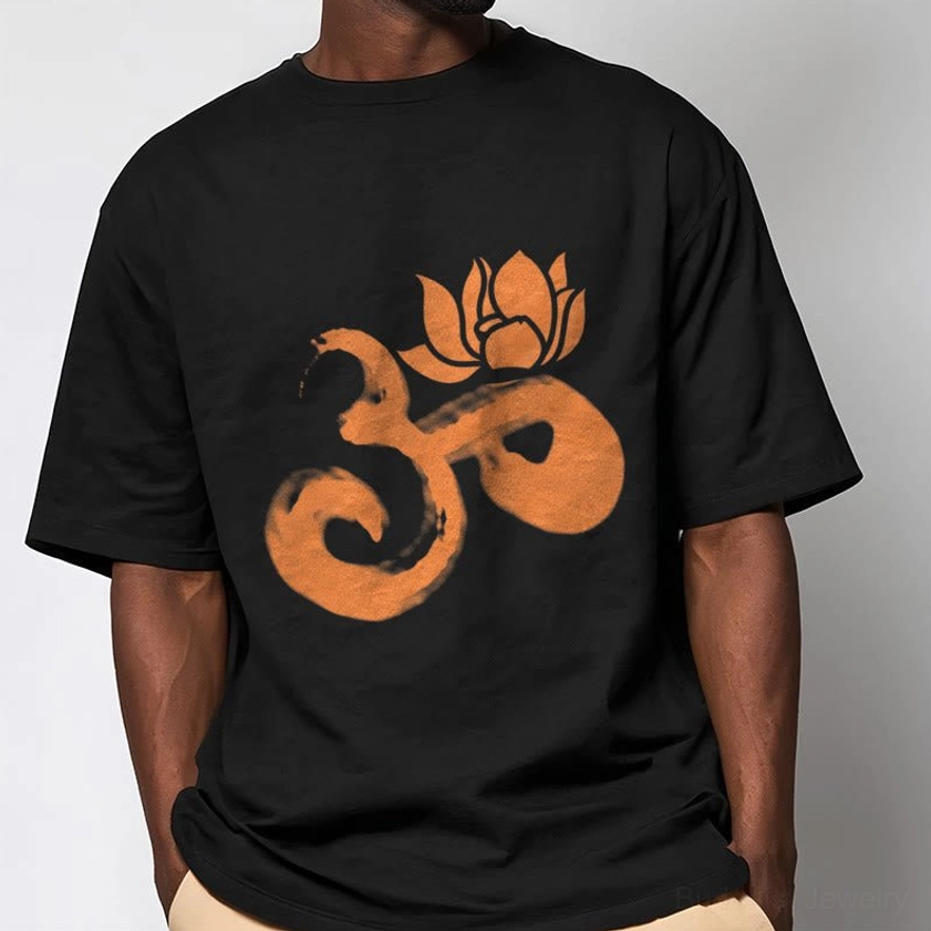 Male model wearing OM Lotus Flower Buddhist black cotton t-shirt khaki bottoms casual meditation style