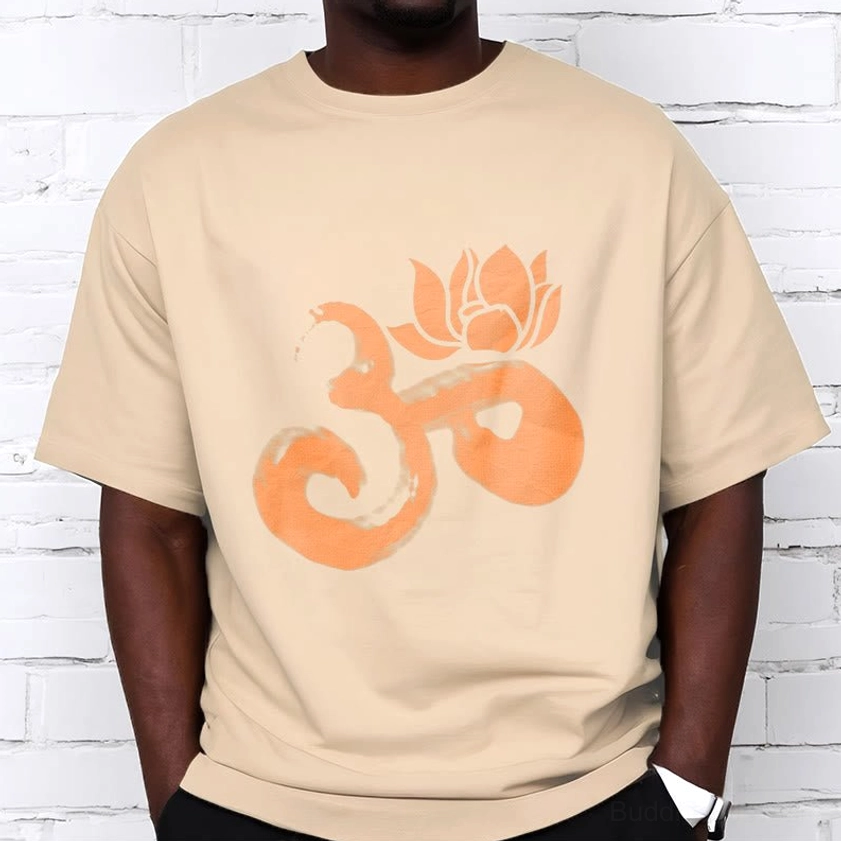 Male model wearing OM Lotus Flower Buddhist cotton t-shirt light khaki casual style spiritual meditation wear