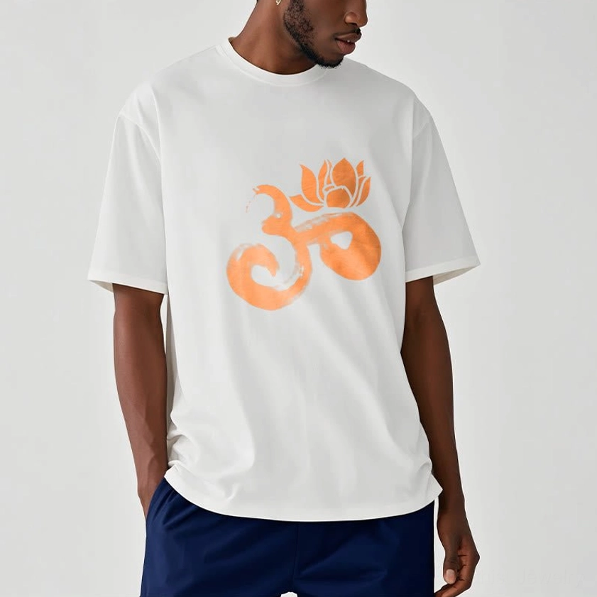Male model wearing OM Lotus Flower Buddhist white cotton t-shirt casual wear navy bottom styling