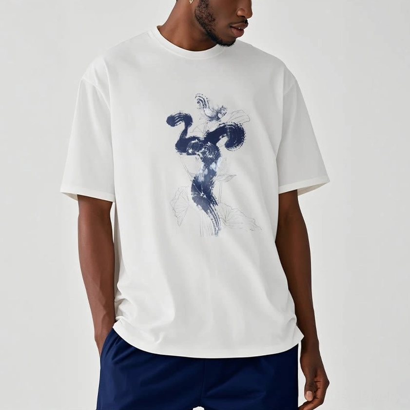Man wearing off-white Om lotus Buddhist graphic t-shirt casual streetwear styling