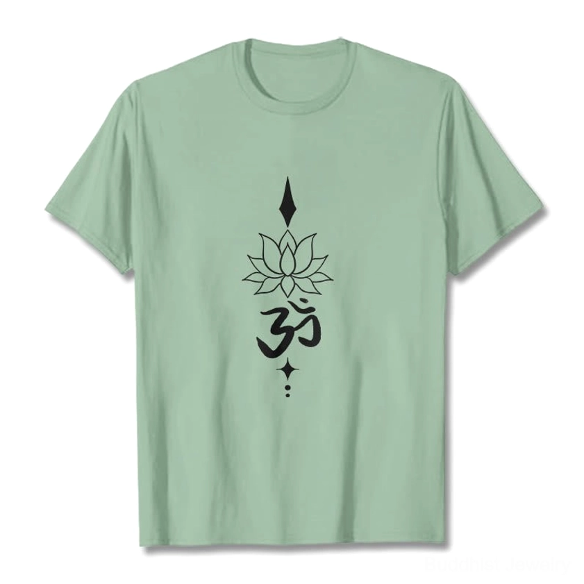Pale green Om lotus buddhist t-shirt flat lay front view sacred symbol print