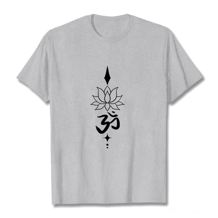 Pale green Om lotus spiritual graphic tee flat lay front detail view