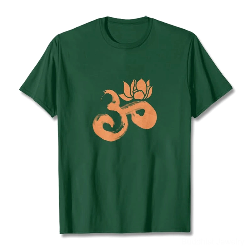 OM Lotus Flower Buddhist cotton t-shirt detail view burnt orange spiritual symbol graphic