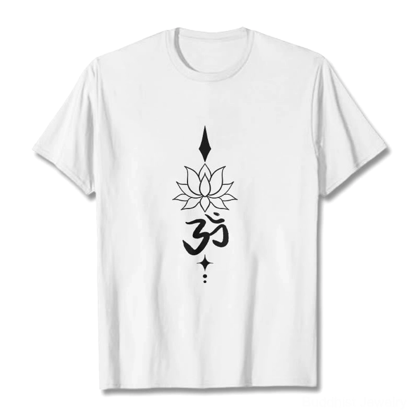 White Om lotus graphic t-shirt flat lay front view black printed sacred symbol