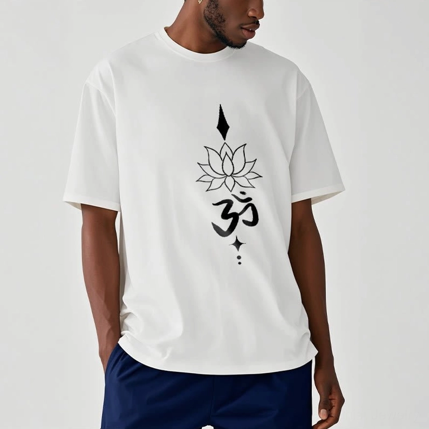 Man wearing white Om lotus meditation t-shirt front view studio white background