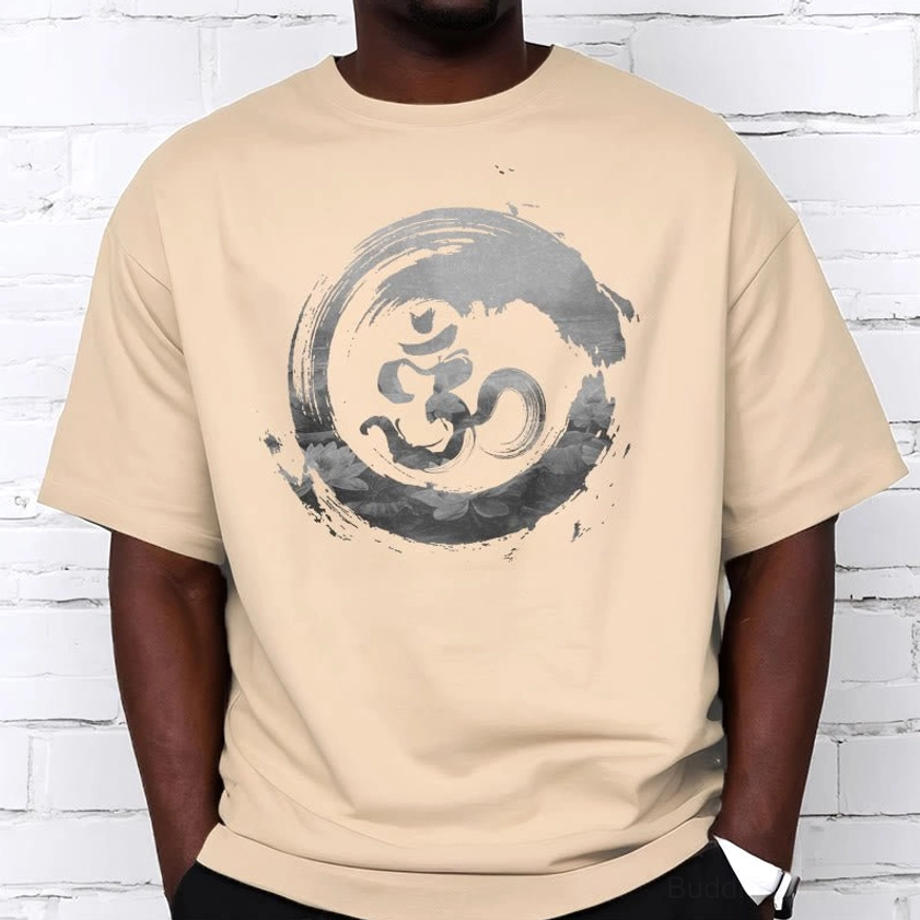 Buddhist Om lotus cotton tee half body model shot casual daily wear style