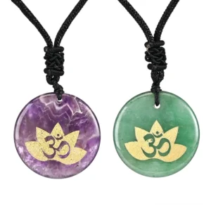 Dual crystal OM Lotus pendant necklaces - Amethyst and green aventurine healing stones with gold-stamped Buddhist symbols on black woven cord