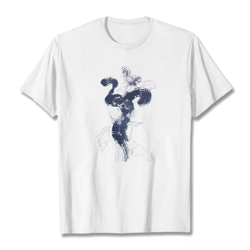 Om lotus flower Buddhist t-shirt white cotton flat lay front view with sacred spiritual graphic print