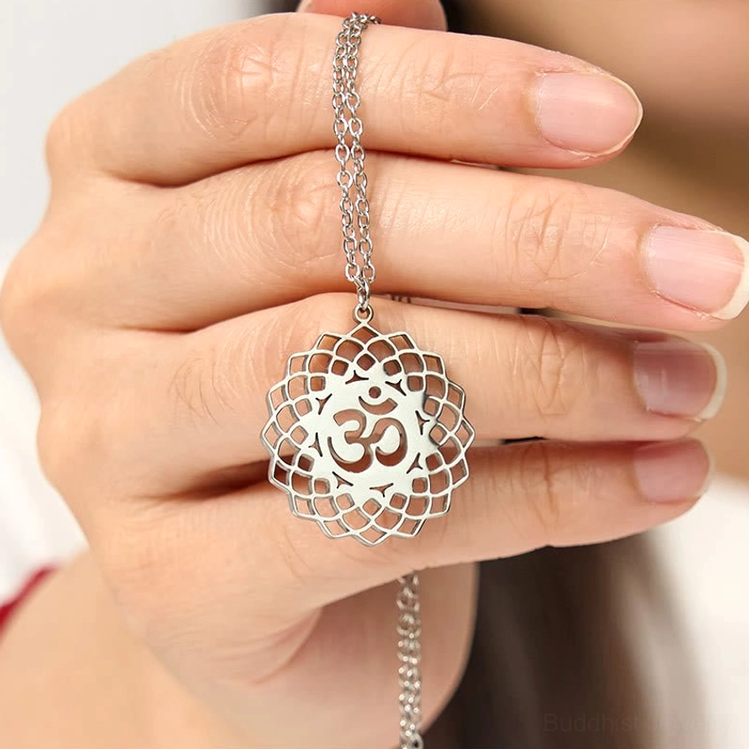 Stainless steel Om lotus Buddhist pendant necklace lifestyle product image