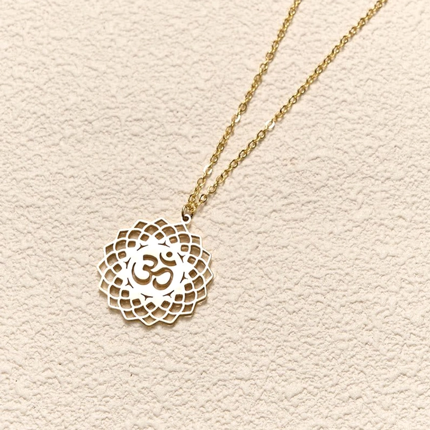 Om lotus pendant with thin cable chain side view Buddhist necklace
