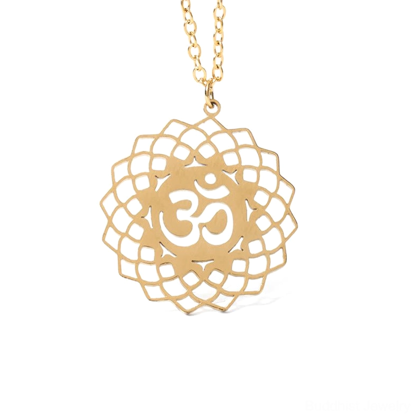 Full view hollow gold Om lotus pendant Buddhist necklace white background